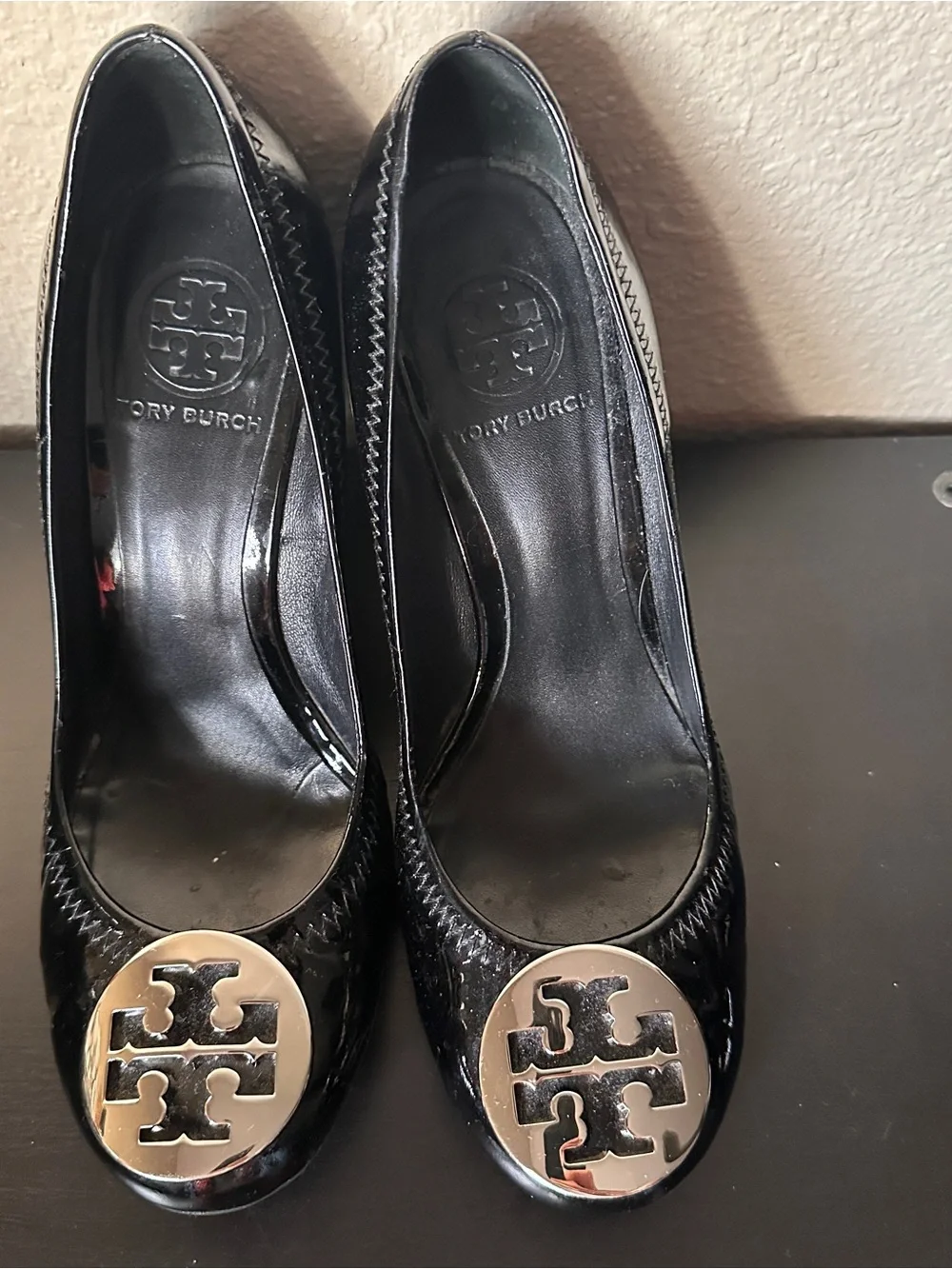 Tory Burch Black Patent Leather Logo Sophie Pumps with Silver Medallion
